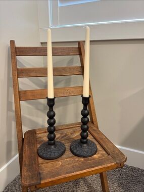 Pair Black Metal  Candlestick Holders Beaded Farmhouse Rustic Candle Holders
